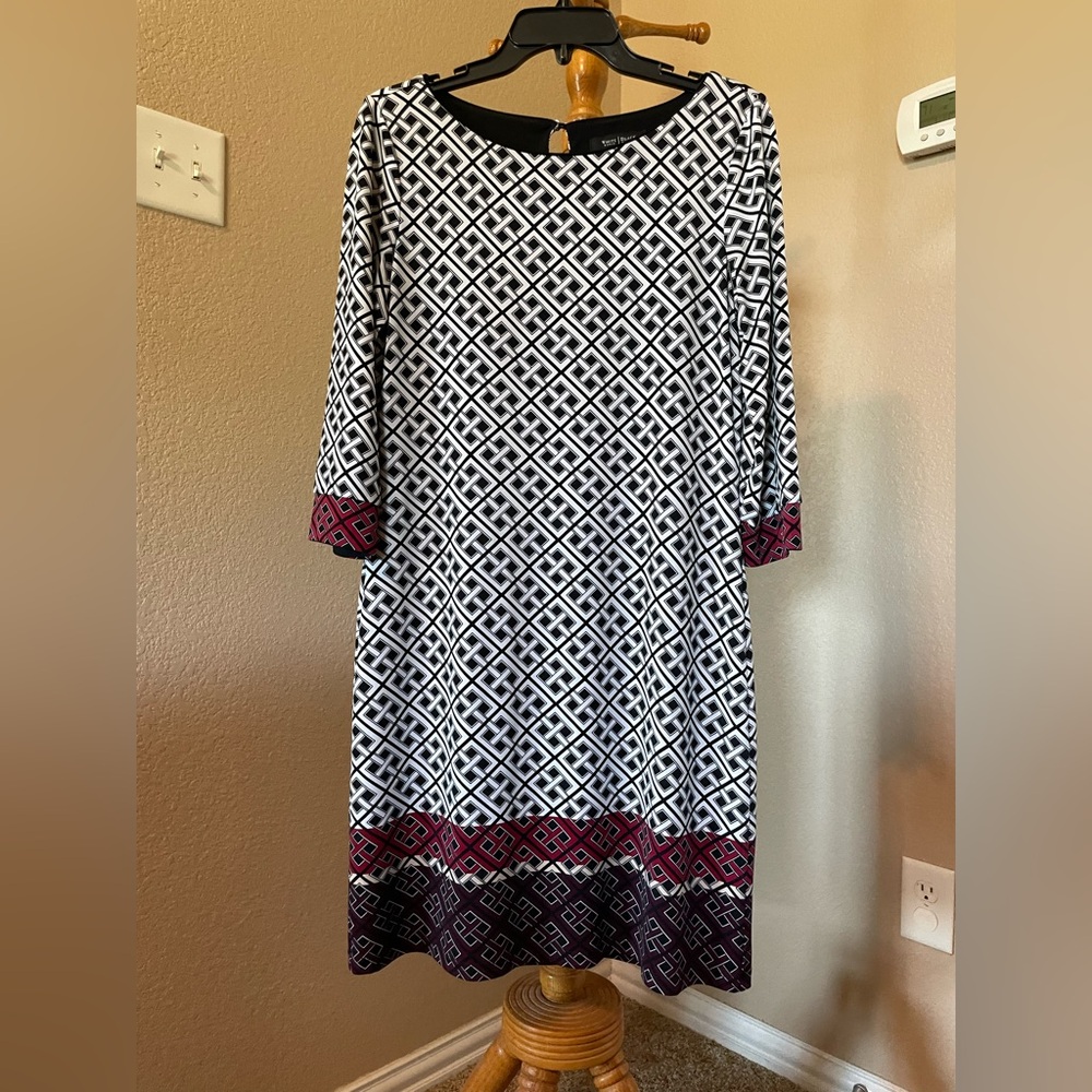 White House Black Market chic black/white/maroon geometric patterned dress.